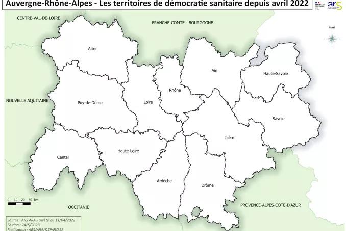 carte des territoires de santé en Auvergne-Rhône-Alpes représentant chaque département